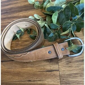 Justin Genuine Top Grain Brown Leather Belt 48" Silver Tone Buckle USA